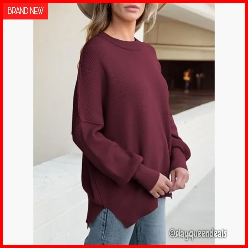 Oversized Batwing Sweater, Crewneck Pullover, Side Slit, Knit Top